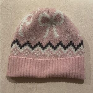 Pink and White Knit Beanie with Bow Design